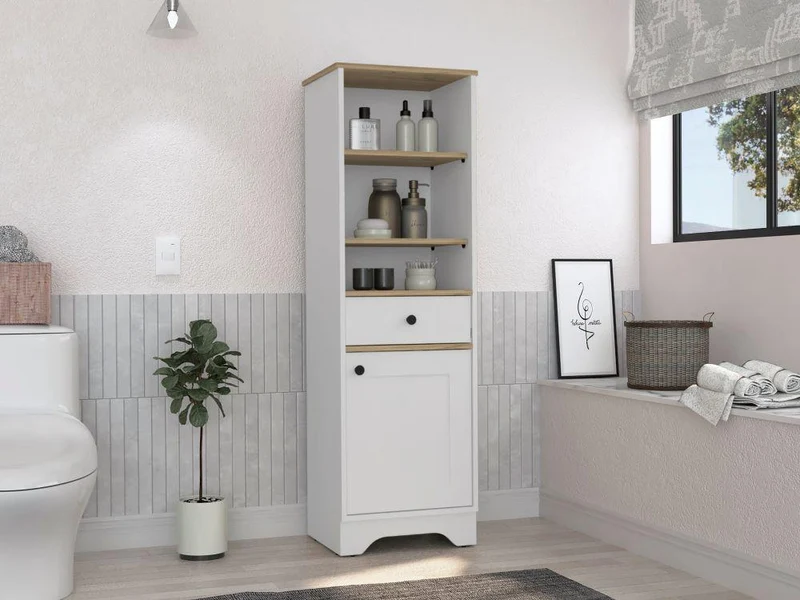 Gabinete de Baño Aqua 2, Blanco Perla y Café Claro, con Variedad de Entrepaños