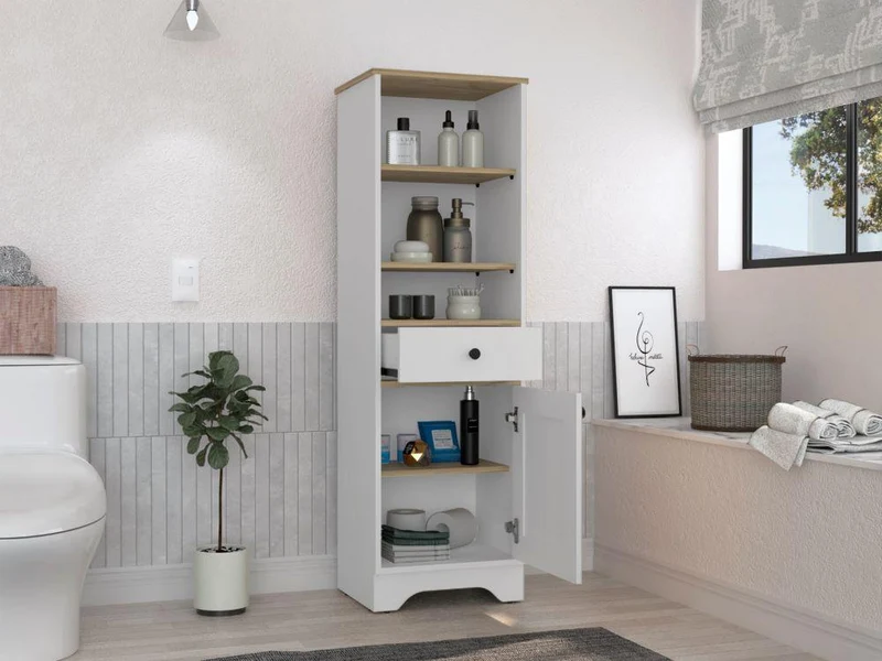 Gabinete de Baño Aqua 2, Blanco Perla y Café Claro, con Variedad de Entrepaños