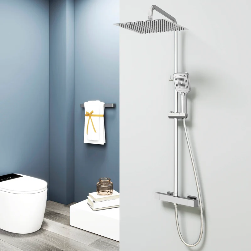 Aica Columna de Ducha con termostato y alcachofa cuadrada 30x30cm rociador superior plata brillante barra redonda