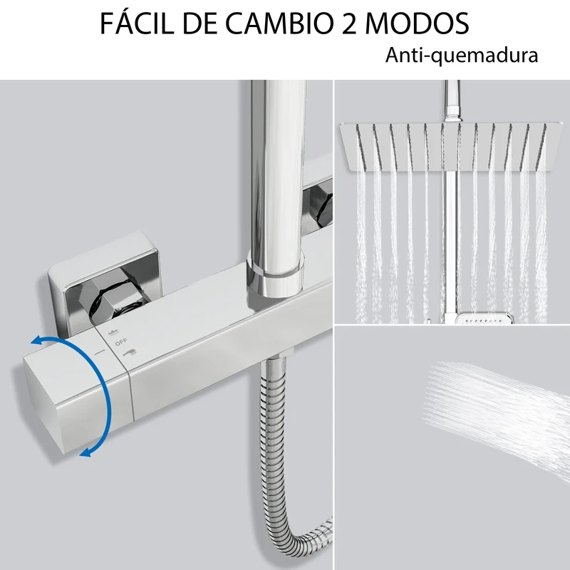 Aica Columna de Ducha con termostato y alcachofa cuadrada 30x30cm rociador superior plata brillante barra redonda