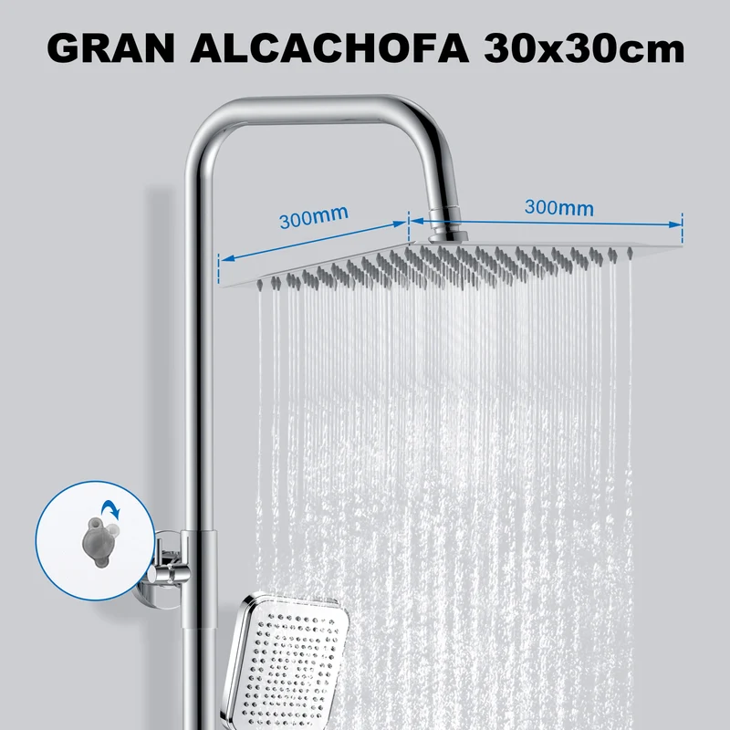 Aica Columna de Ducha con termostato y alcachofa cuadrada 30x30cm rociador superior plata brillante barra redonda