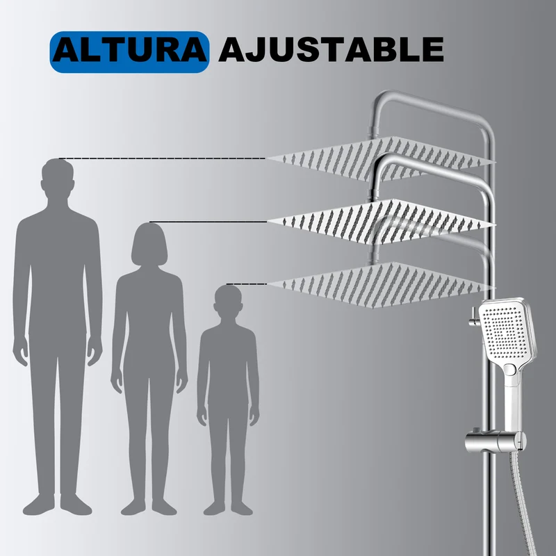 Aica Columna de Ducha con termostato y alcachofa cuadrada 30x30cm rociador superior plata brillante barra redonda