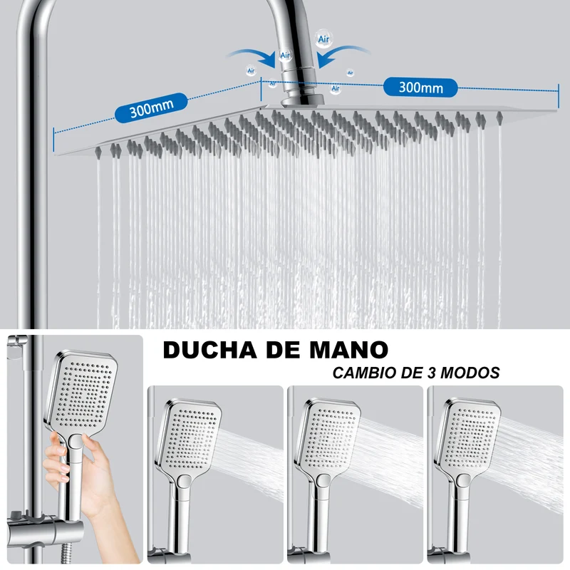 Aica Columna de Ducha con termostato y alcachofa cuadrada 30x30cm rociador superior plata brillante barra redonda