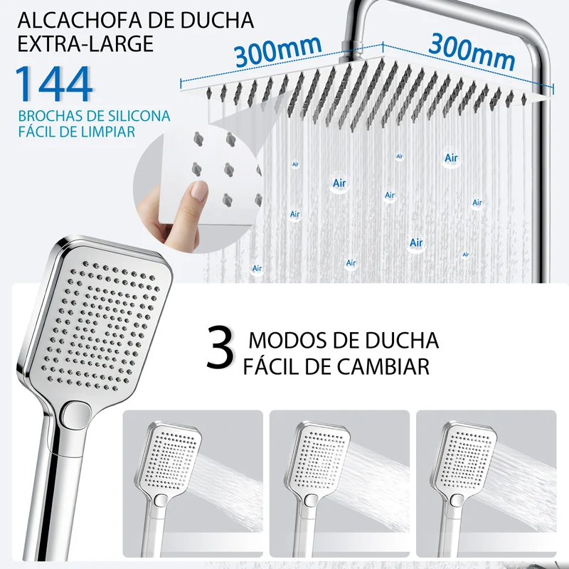 Aica Columna de Ducha con termostato y alcachofa cuadrada 30x30cm rociador superior plata brillante barra redonda