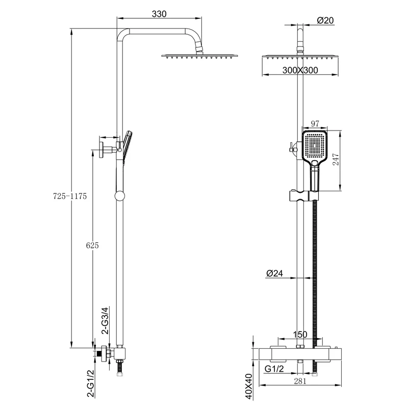 Aica Columna de Ducha con termostato y alcachofa cuadrada 30x30cm rociador superior negro mate barra redonda