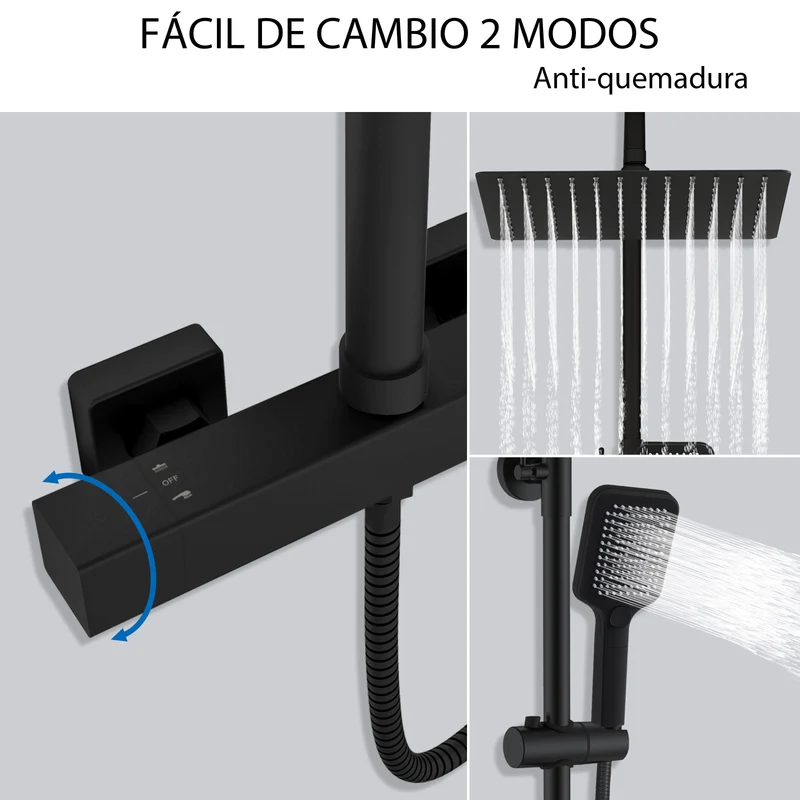 Aica Columna de Ducha con termostato y alcachofa cuadrada 30x30cm rociador superior negro mate barra redonda