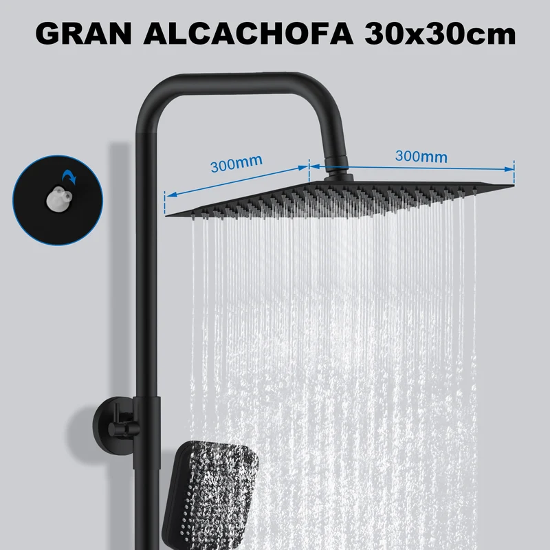 Aica Columna de Ducha con termostato y alcachofa cuadrada 30x30cm rociador superior negro mate barra redonda
