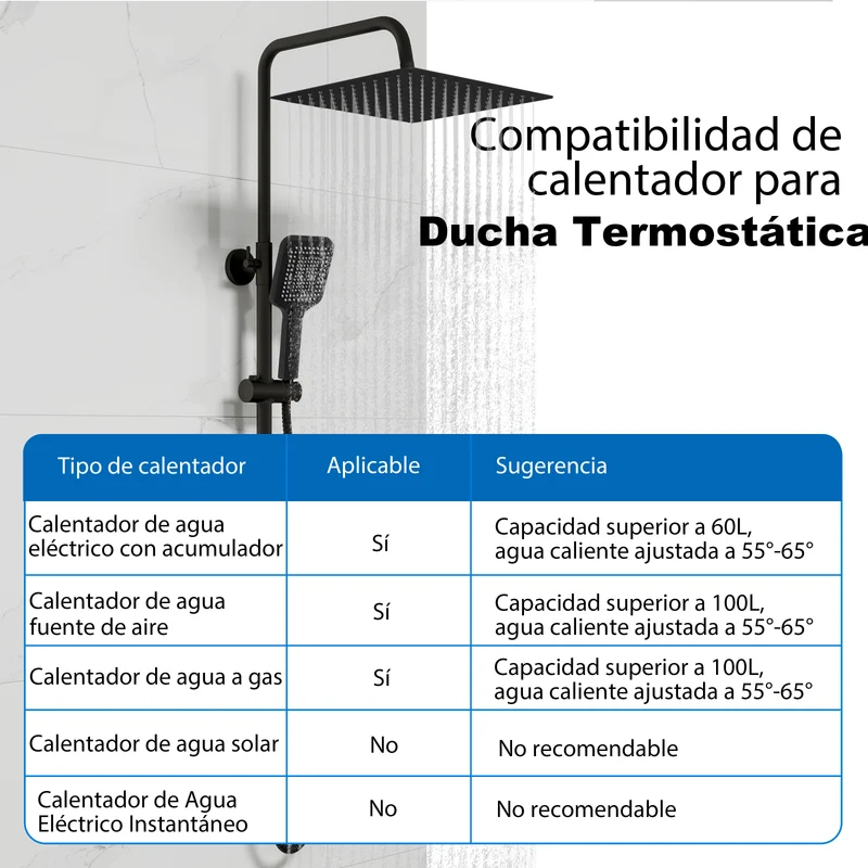 Aica Columna de Ducha con termostato y alcachofa cuadrada 30x30cm rociador superior negro mate barra redonda