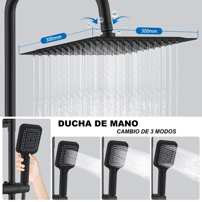 Aica Columna de Ducha con termostato y alcachofa cuadrada 30x30cm rociador superior negro mate barra redonda