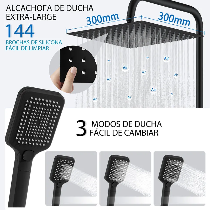 Aica Columna de Ducha con termostato y alcachofa cuadrada 30x30cm rociador superior negro mate barra redonda