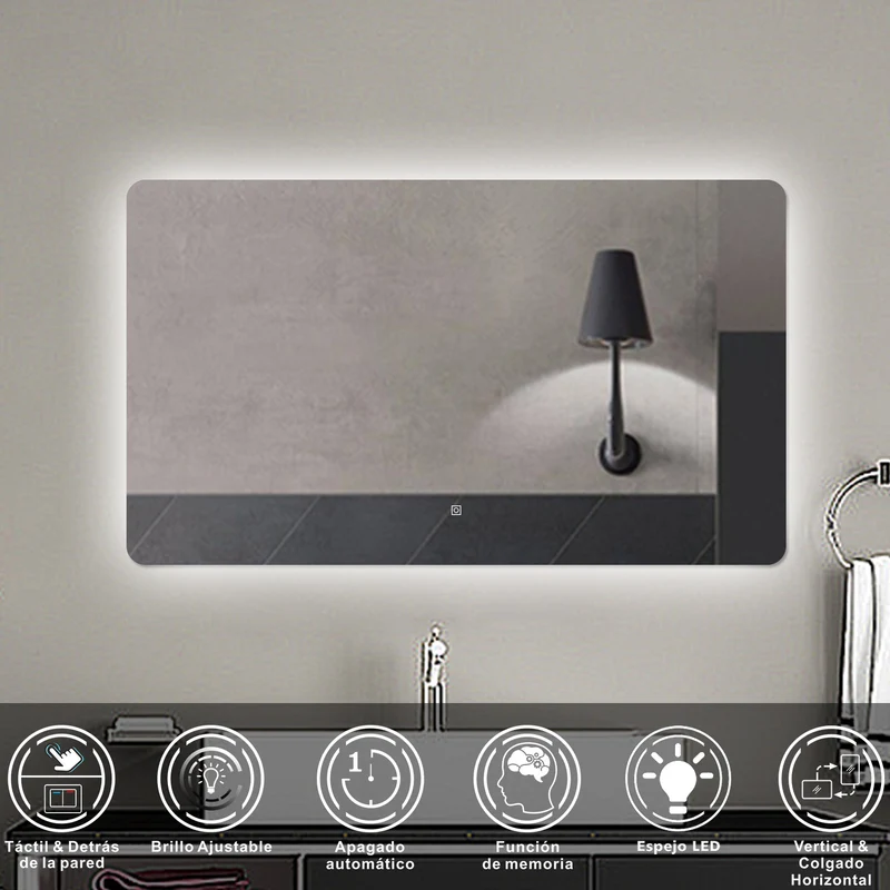 Aica Espejo de baño LED ,luz blanca 6000k,brillo ajustable,colgado horizontal/vertical,interruptor táctil.