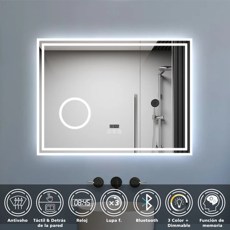 Aica Espejo de baño LED ,Reloj,Lupa,Bluetooth