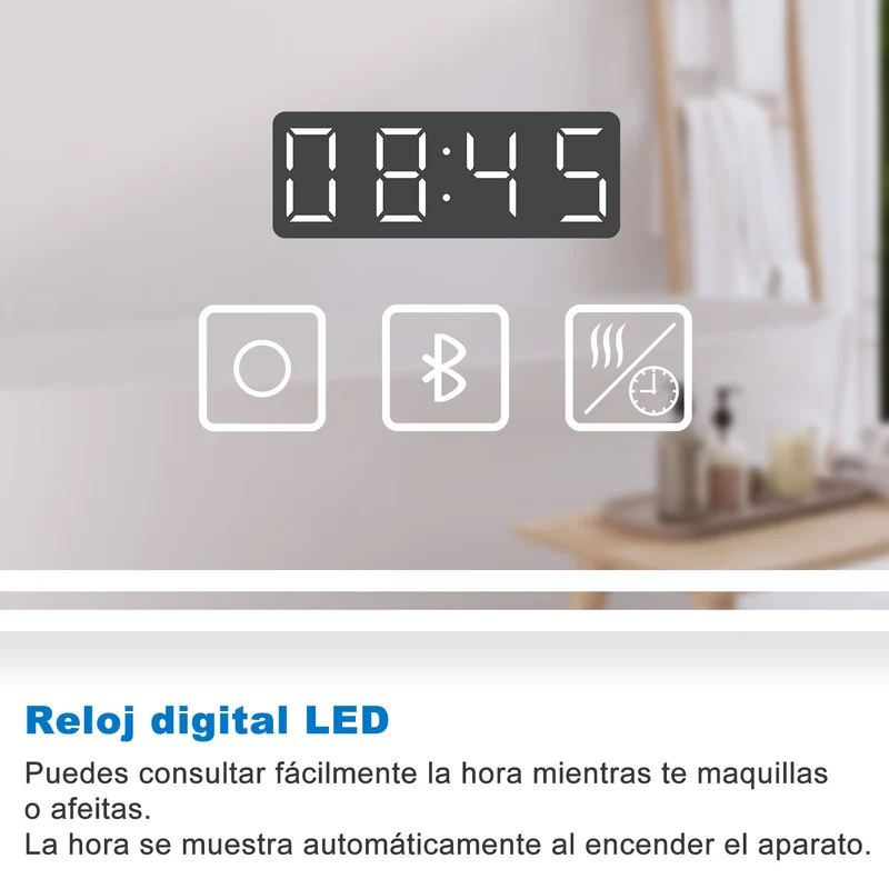 Aica Espejo de baño LED ,Reloj,Lupa,Bluetooth