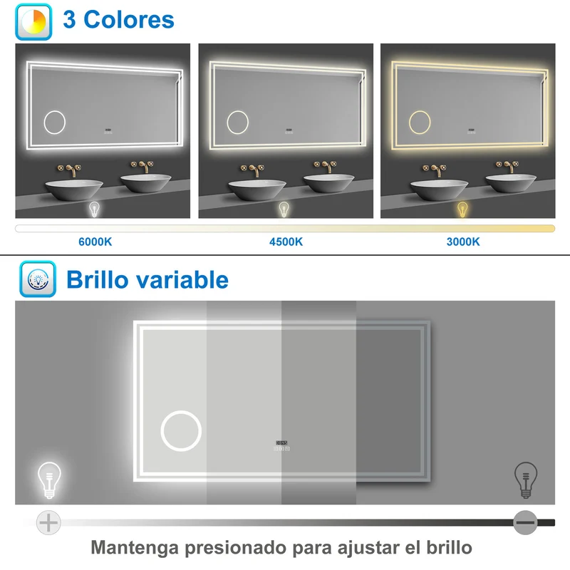 Aica Espejo de baño LED ,Reloj,Lupa,Bluetooth