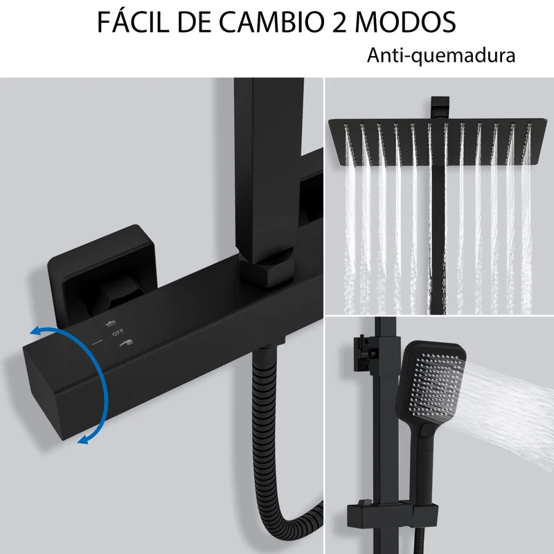 Aica Columna de Ducha Alcachofa Cuadrada con Termostato 30x30cm Rociador Superior Negro Mate Barra Regulable