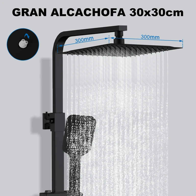 Aica Columna de Ducha Alcachofa Cuadrada con Termostato 30x30cm Rociador Superior Negro Mate Barra Regulable