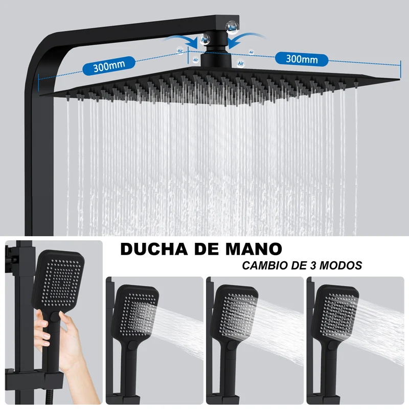 Aica Columna de Ducha Alcachofa Cuadrada con Termostato 30x30cm Rociador Superior Negro Mate Barra Regulable