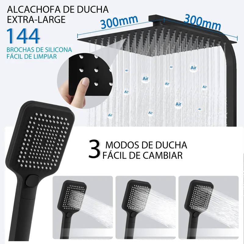 Aica Columna de Ducha Alcachofa Cuadrada con Termostato 30x30cm Rociador Superior Negro Mate Barra Regulable