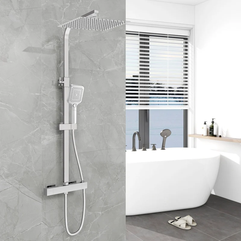 Aica Columna de Ducha con termostato y alcachofa cuadrada 30x30cm rociador superior plata brillante barra regulable