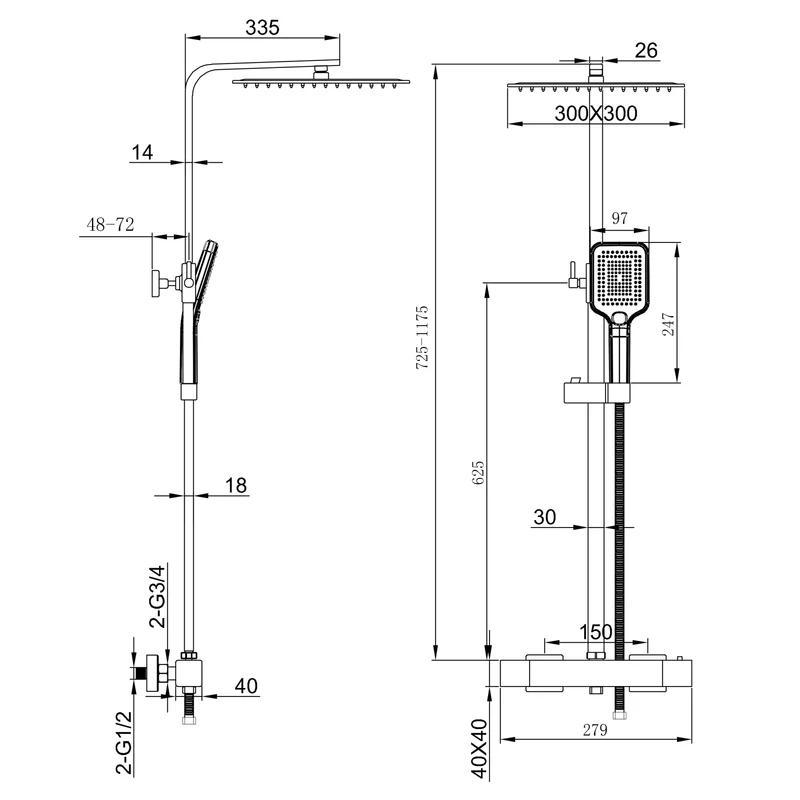 Aica Columna de Ducha con termostato y alcachofa cuadrada 30x30cm rociador superior plata brillante barra regulable