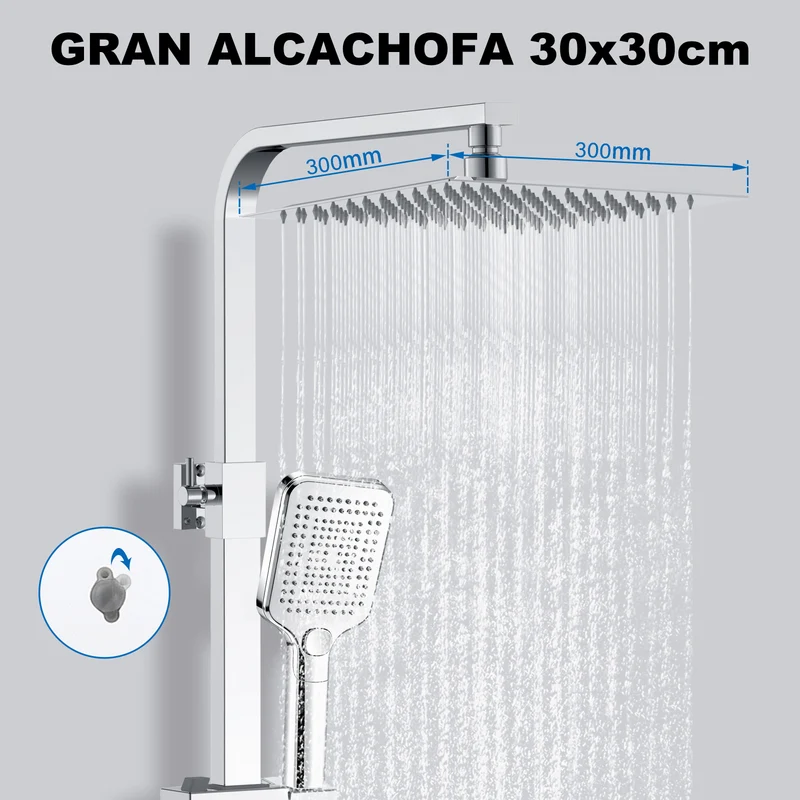 Aica Columna de Ducha con termostato y alcachofa cuadrada 30x30cm rociador superior plata brillante barra regulable