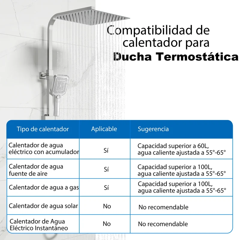 Aica Columna de Ducha con termostato y alcachofa cuadrada 30x30cm rociador superior plata brillante barra regulable