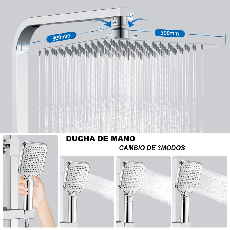 Aica Columna de Ducha con termostato y alcachofa cuadrada 30x30cm rociador superior plata brillante barra regulable