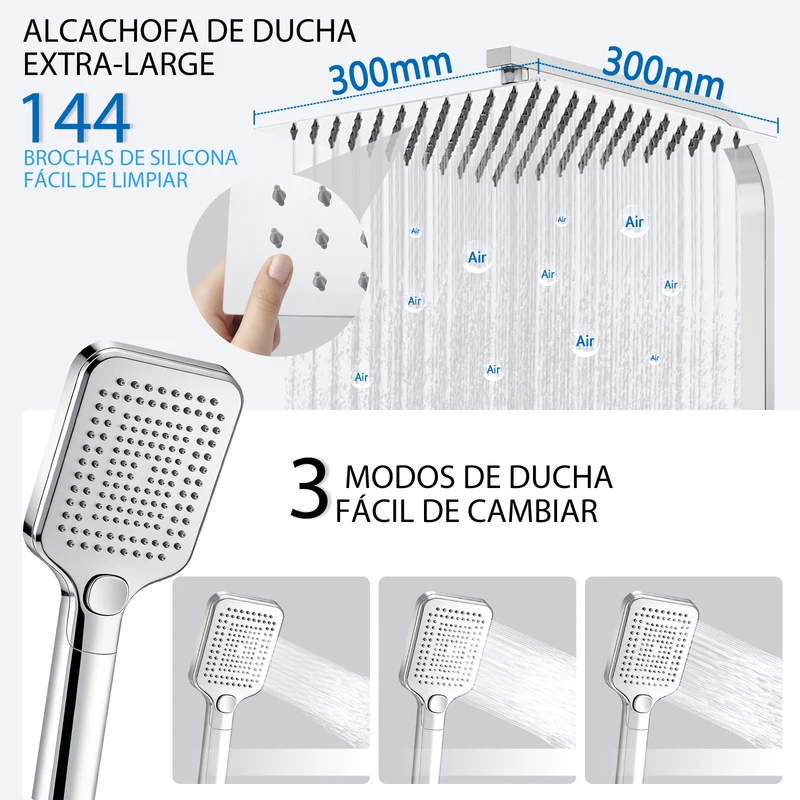 Aica Columna de Ducha con termostato y alcachofa cuadrada 30x30cm rociador superior plata brillante barra regulable
