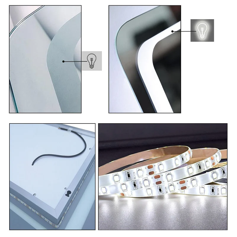 Espejo de Pared en Baño con Iluminación Blanca Fría(Brillo LED Envolvente). Espejo de Baño Antivaho + Dos botones Táctiles