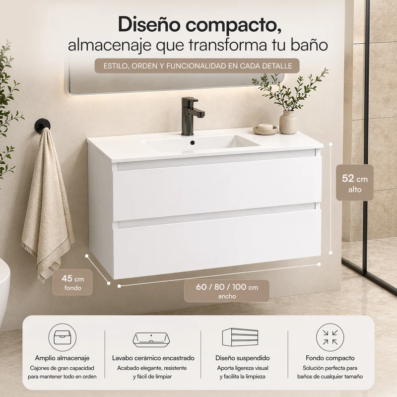 Almagro - Mueble de baño suspendido blanco con lavabo integrado