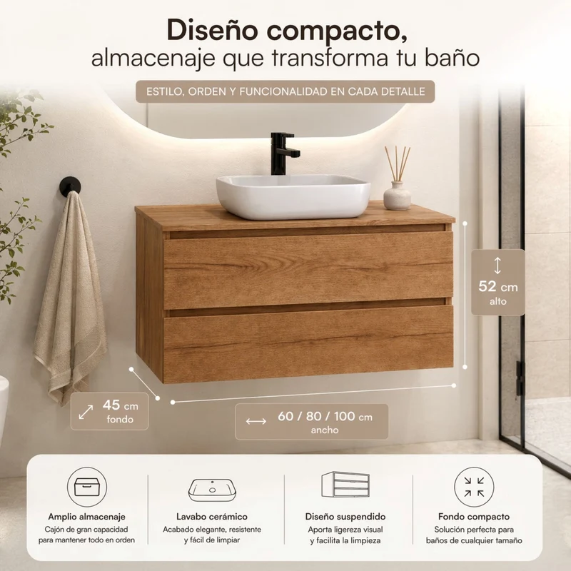 Almagro - Mueble de baño suspendido con lavabo sobre encimera