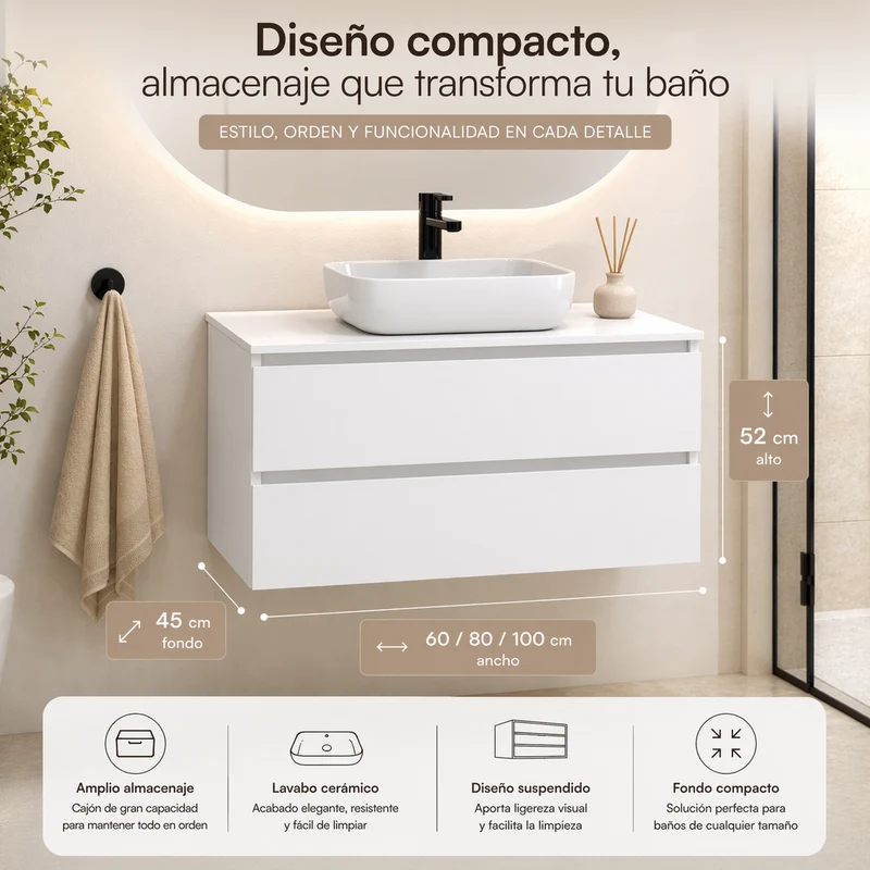 Almagro - Mueble de baño suspendido con lavabo sobre encimera