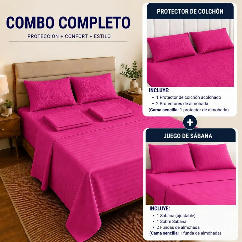 Combo protector colchon + Juego de sábanas semidoble fucsia