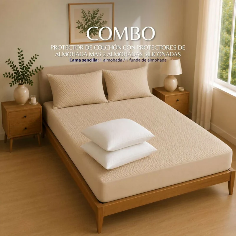 Combo Protector Colchon + 2 Almohadas Siliconadas Doble Beige