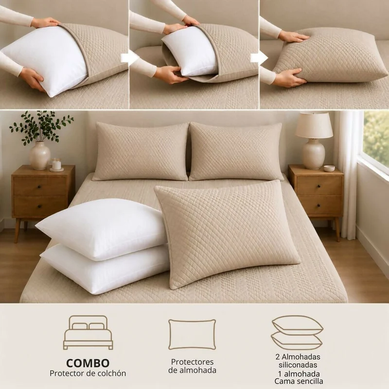 Combo Protector Colchon + 2 Almohadas Siliconadas Doble Beige