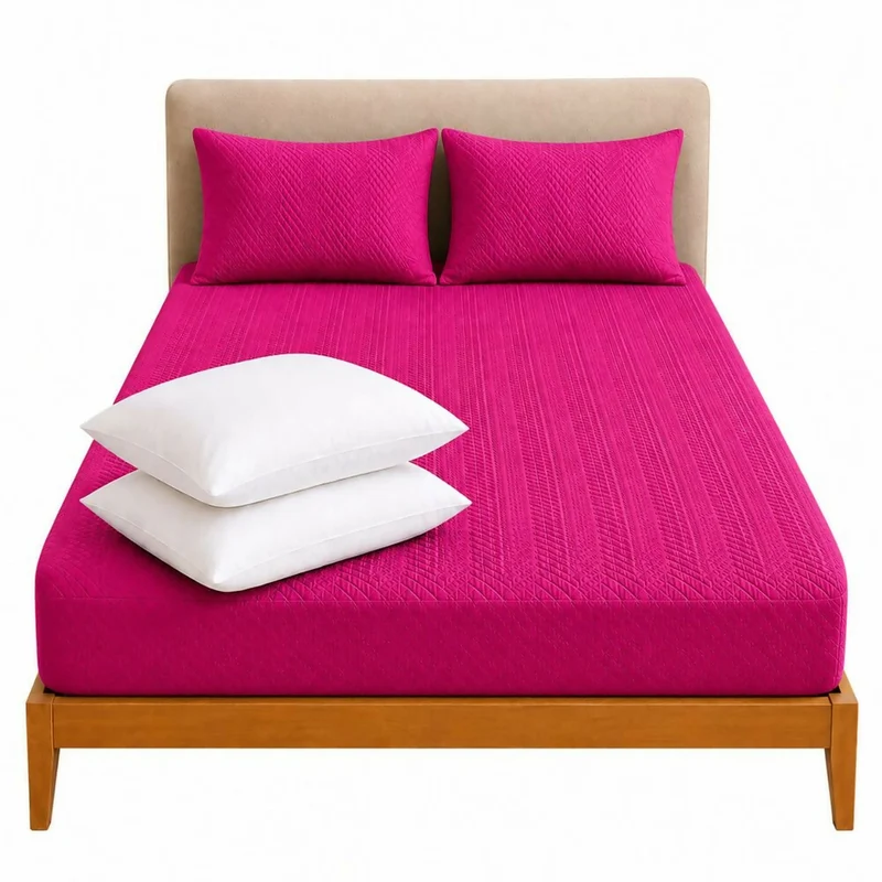 Combo Protector Colchon + 2 Almohadas Siliconadas Doble Fucsia