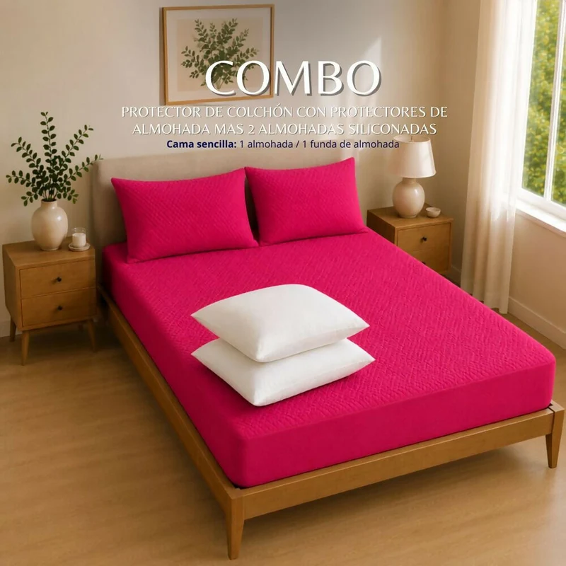 Combo Protector Colchon + 2 Almohadas Siliconadas Doble Fucsia
