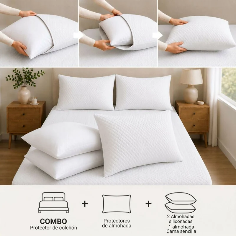 Combo Protector Colchon + 2 Almohadas Siliconadas Semidoble Blanco