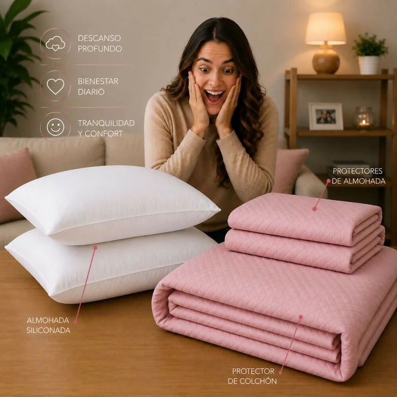 Combo Protector Colchon + 2 Almohadas Siliconadas Doble Rosado