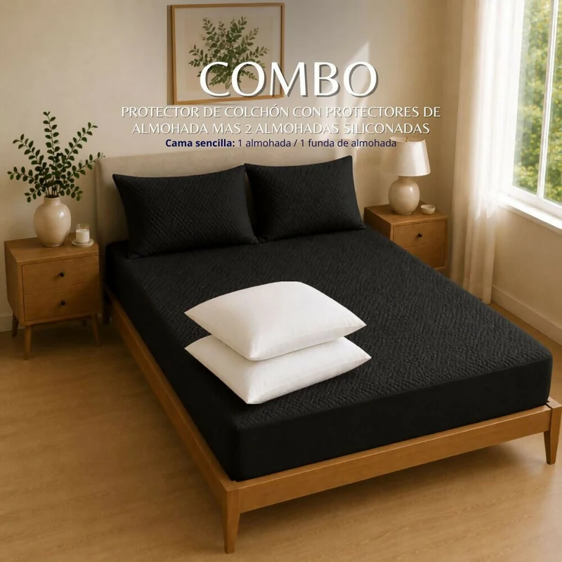 Combo Protector Colchon + 2 Almohadas Siliconadas King Negro