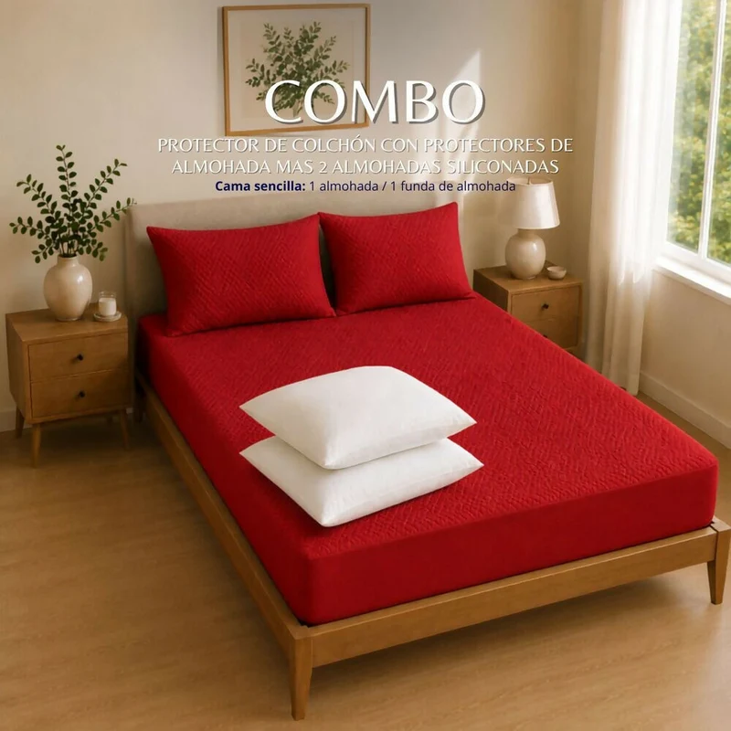 Combo Protector Colchon + 2 Almohadas Siliconadas Semidoble Rojo