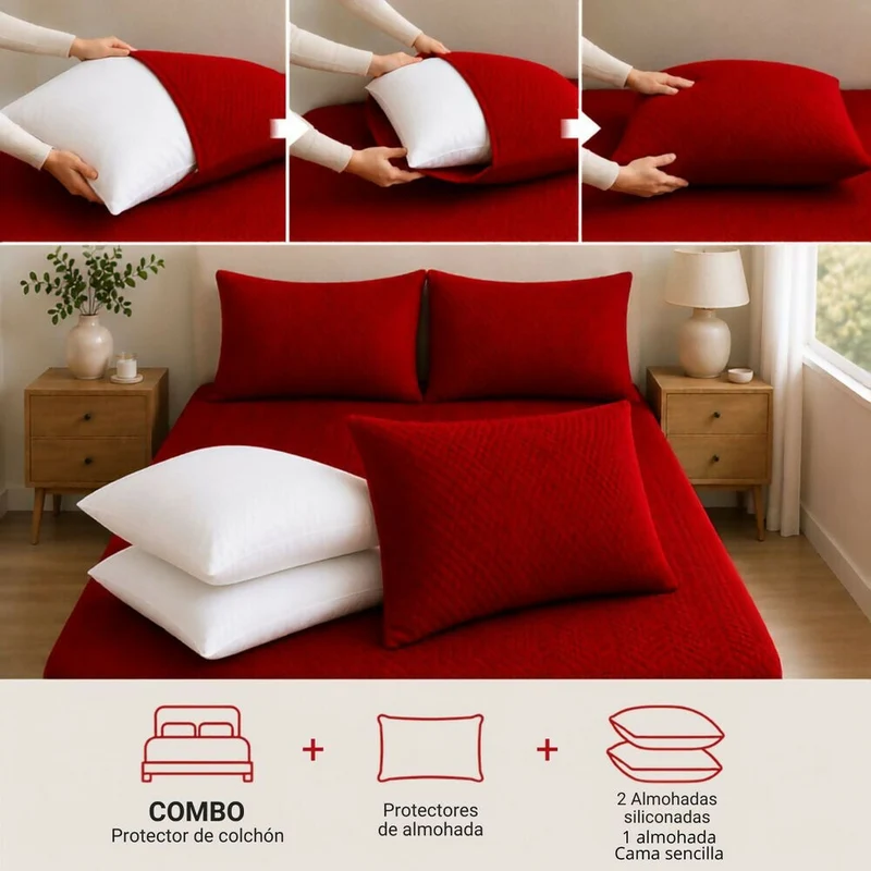 Combo Protector Colchon + 2 Almohadas Siliconadas Semidoble Rojo