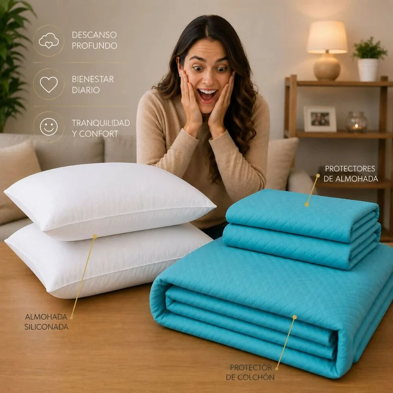 Combo Protector Colchon + 2 Almohadas Siliconadas Doble Turquesa