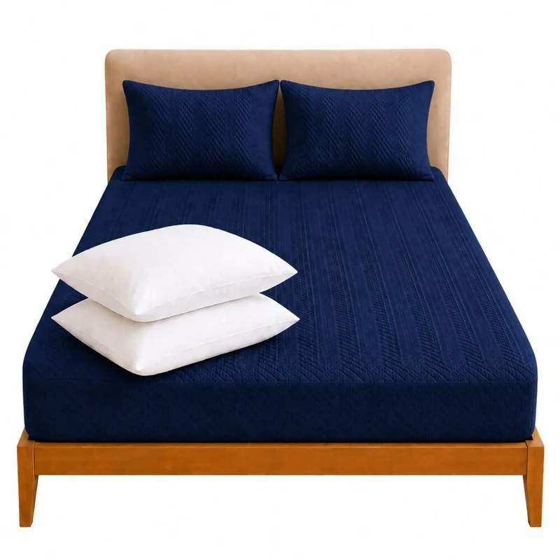 Combo Protector Colchon + 2 Almohadas Siliconadas Doble Azul