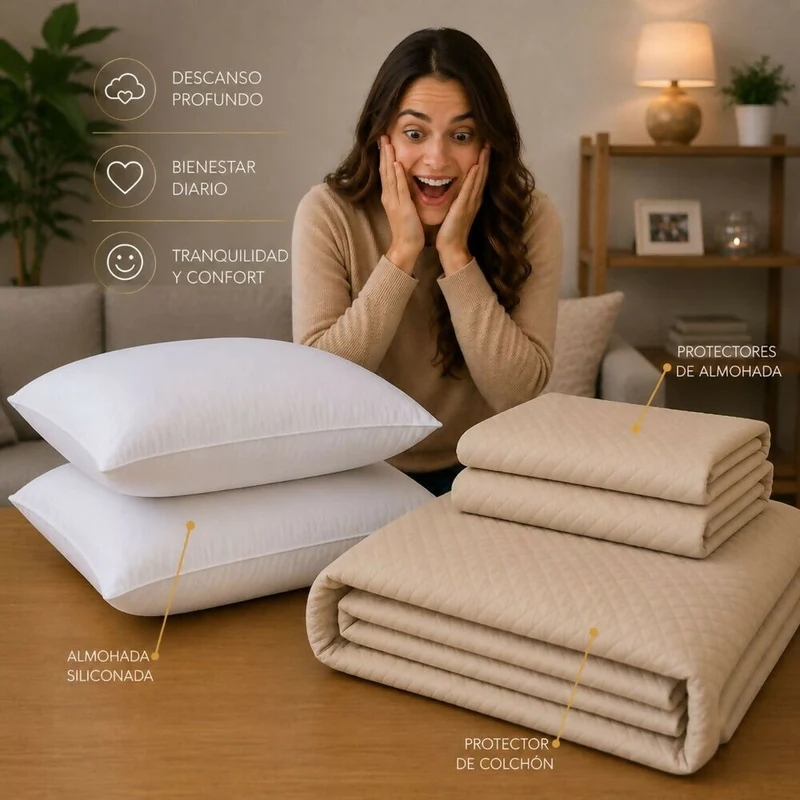 Combo Protector Colchon + 2 Almohadas Siliconadas King Beige