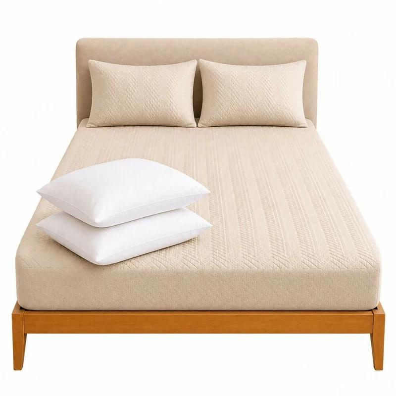 Combo Protector Colchon + 2 Almohadas Siliconadas Queen Beige