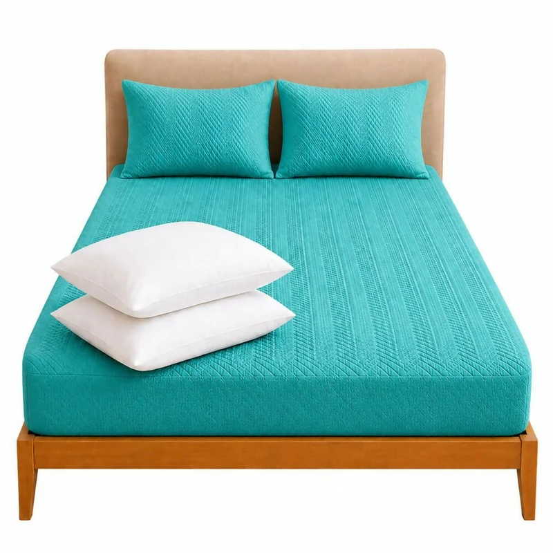Combo Protector Colchon + 2 Almohadas Siliconadas King Turquesa