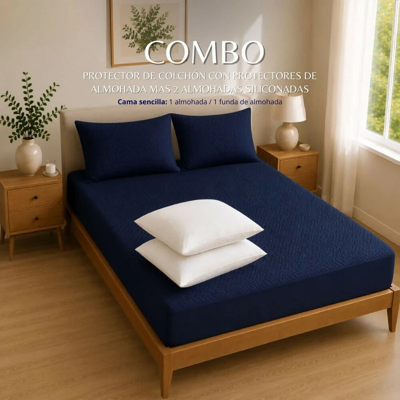 Combo Protector Colchon + 2 Almohadas Siliconadas King Azul