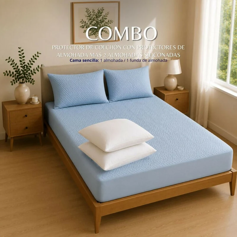 Combo Protector Colchon + 2 Almohadas Siliconadas King Celeste
