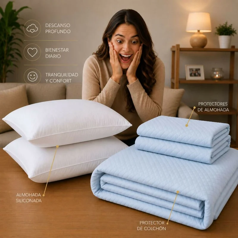 Combo Protector Colchon + 2 Almohadas Siliconadas King Celeste